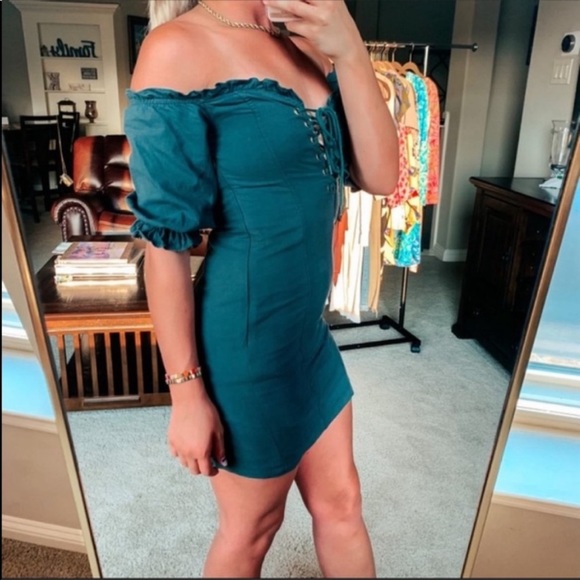 Lulus Dark Forest Green Off Shoulder Lace-up Dress - Picture 5 of 14